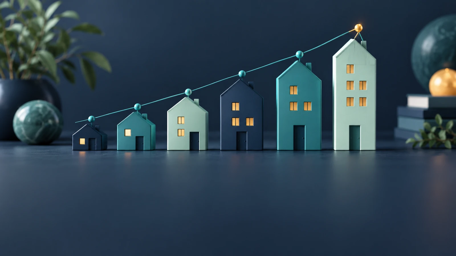 A row of miniature houses of varying height arranged like a chart