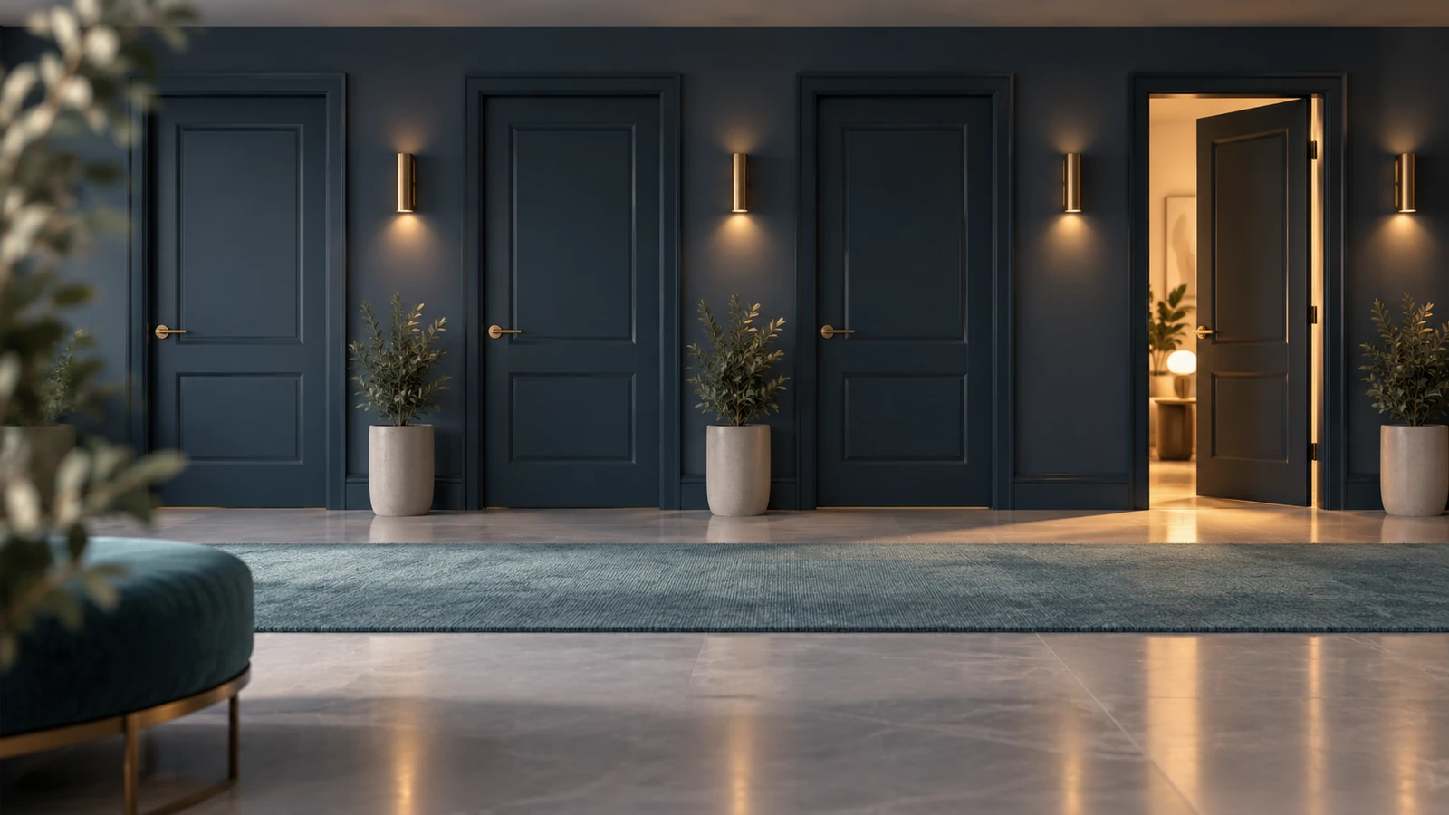 A hallway of identical doors with the last one slightly ajar