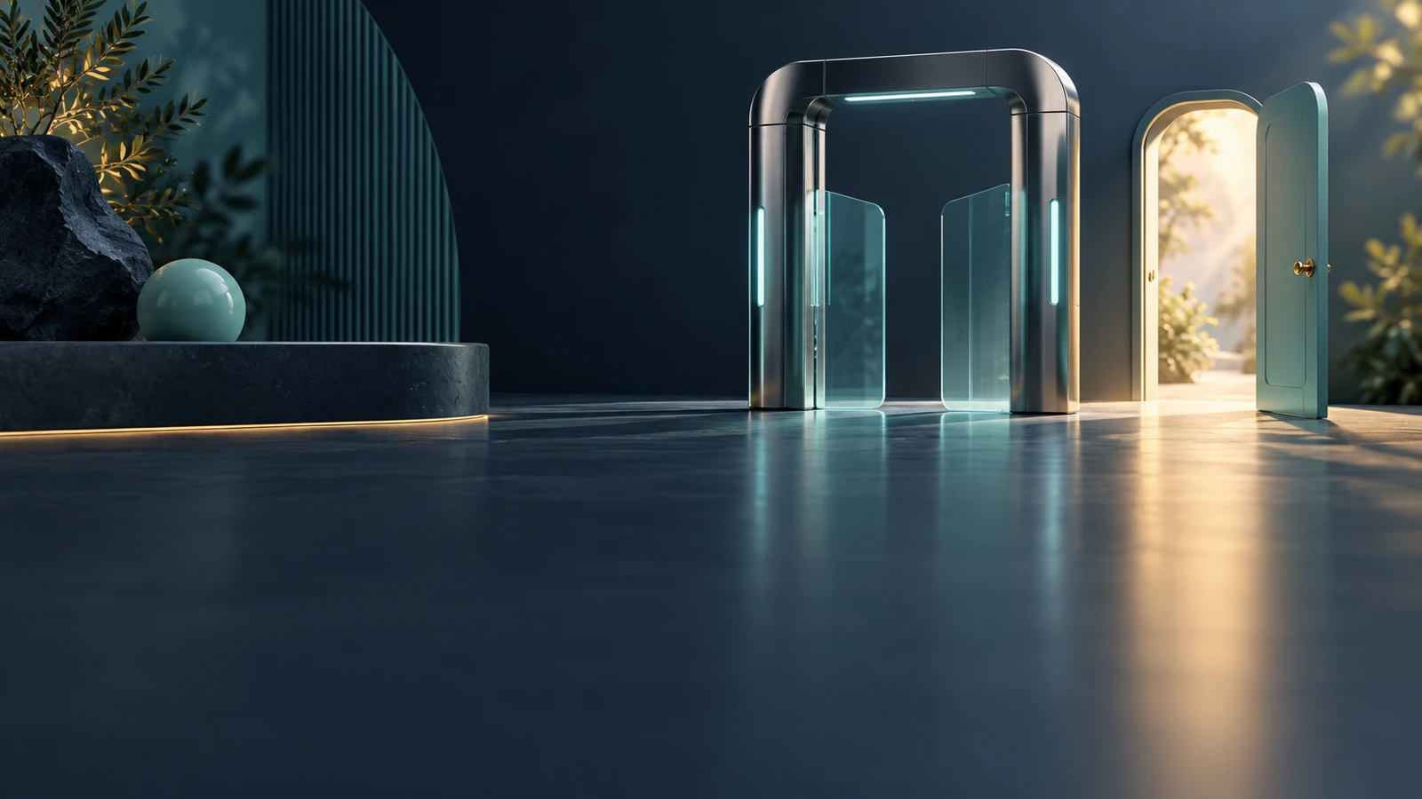 A glass archway with a side door standing open